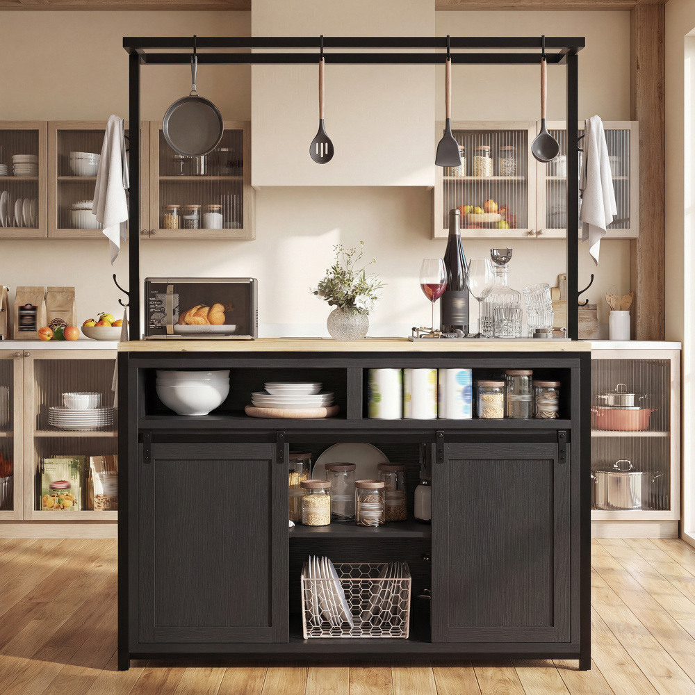 Image of Design Kitchen Cabinet In Black Or Wood Look 107x62x183cm, Open Shelves, Sliding Doors, Hanging Rack, Y-hooks, Work Surface, 60kg, For Kitchen, Pantry – For Kitchen Style