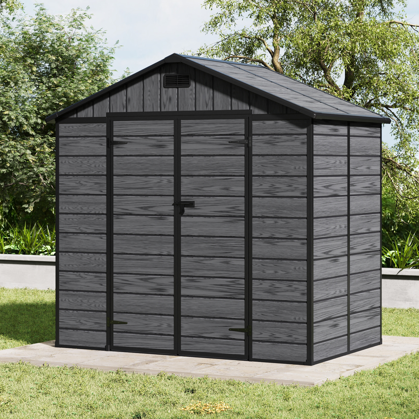 8x4ft outdoor pp garden storage shed dark gray wood grain   room removable outdoor storage house fade   weather resistant safe and   maintenance not   foundations 230cm w x 137 5cm d x 226 5cm h