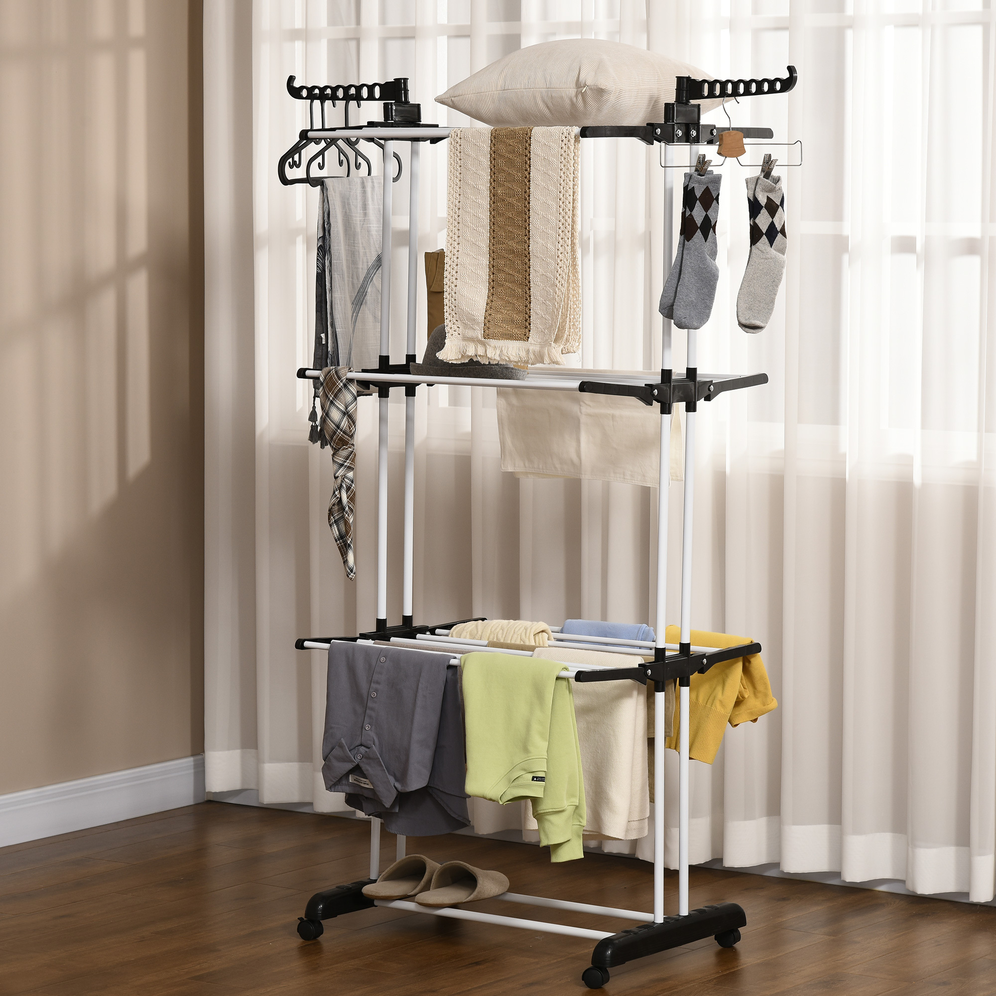Folding With , Collapsible Wings, Wheels, Indoor And Outdoor Laundry Dryer, Black, 73 X 45.5 X 177cm