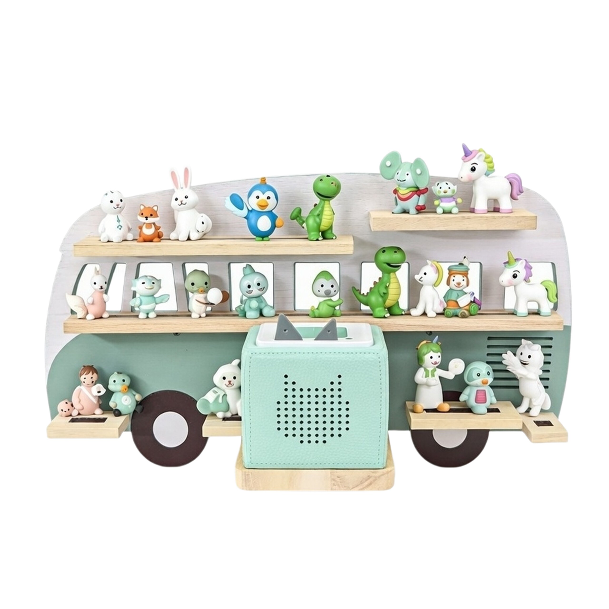 TEMU Magnetic Shelf, To 25 Figures, 32 X 62 X 13 Cm, Mdf And Pine Wood, Bus Shape, Sage Green, With Cutout For And Charging Station, For Kids' Room,