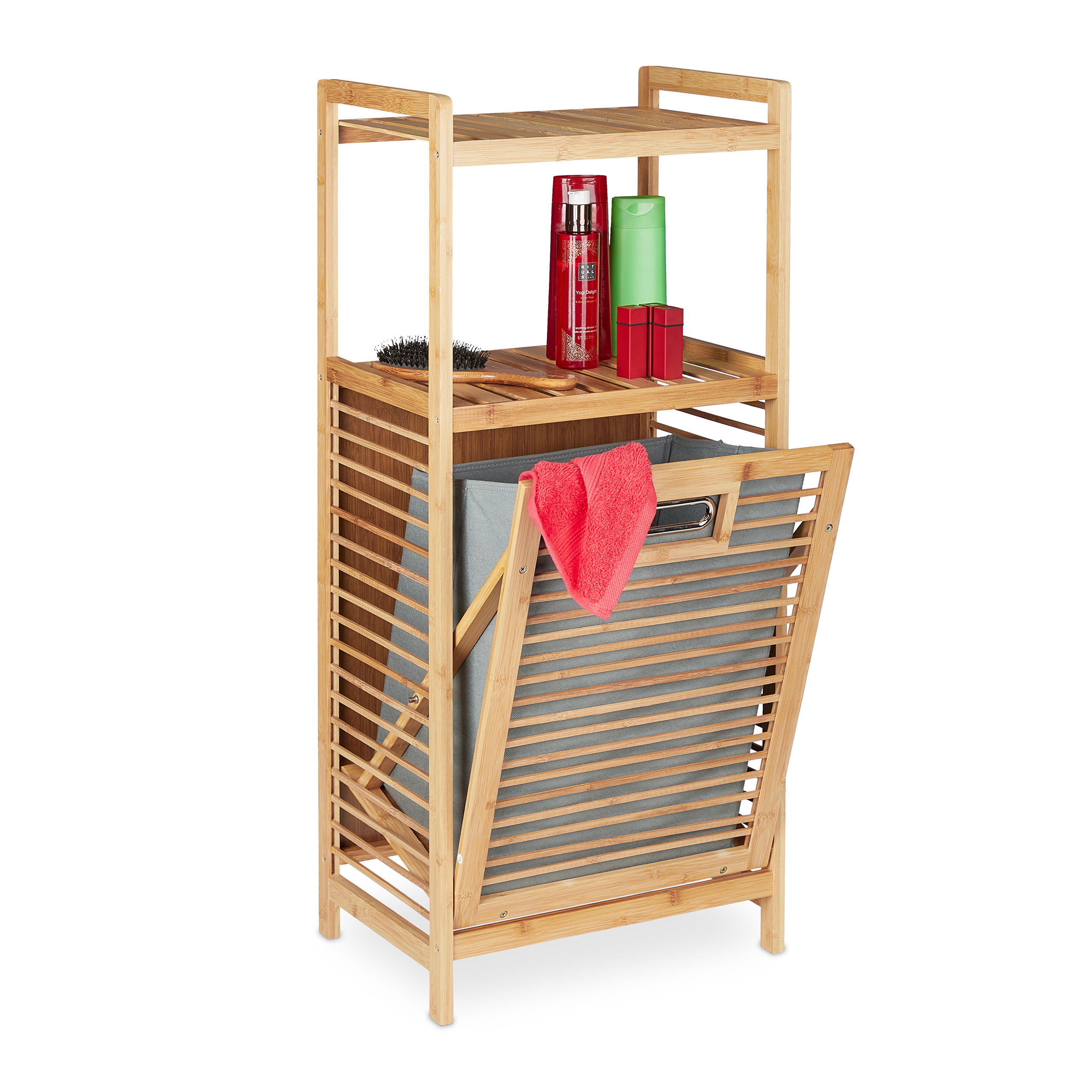 TEMU Estantería de baño con cesto para ropa, 2 baldas abiertas, 95 x 40 x 30 cm, bambú y poliéster, natural/, cesto plegable de tela, para baño,