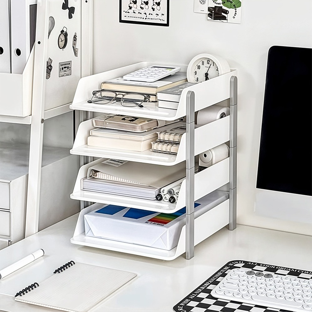 TEMU Grey Stackable 4-tier Desktop File And Paper Organizer Rack, Office Desktop Organizer File Tray Letter Trays Holder, Space Saving