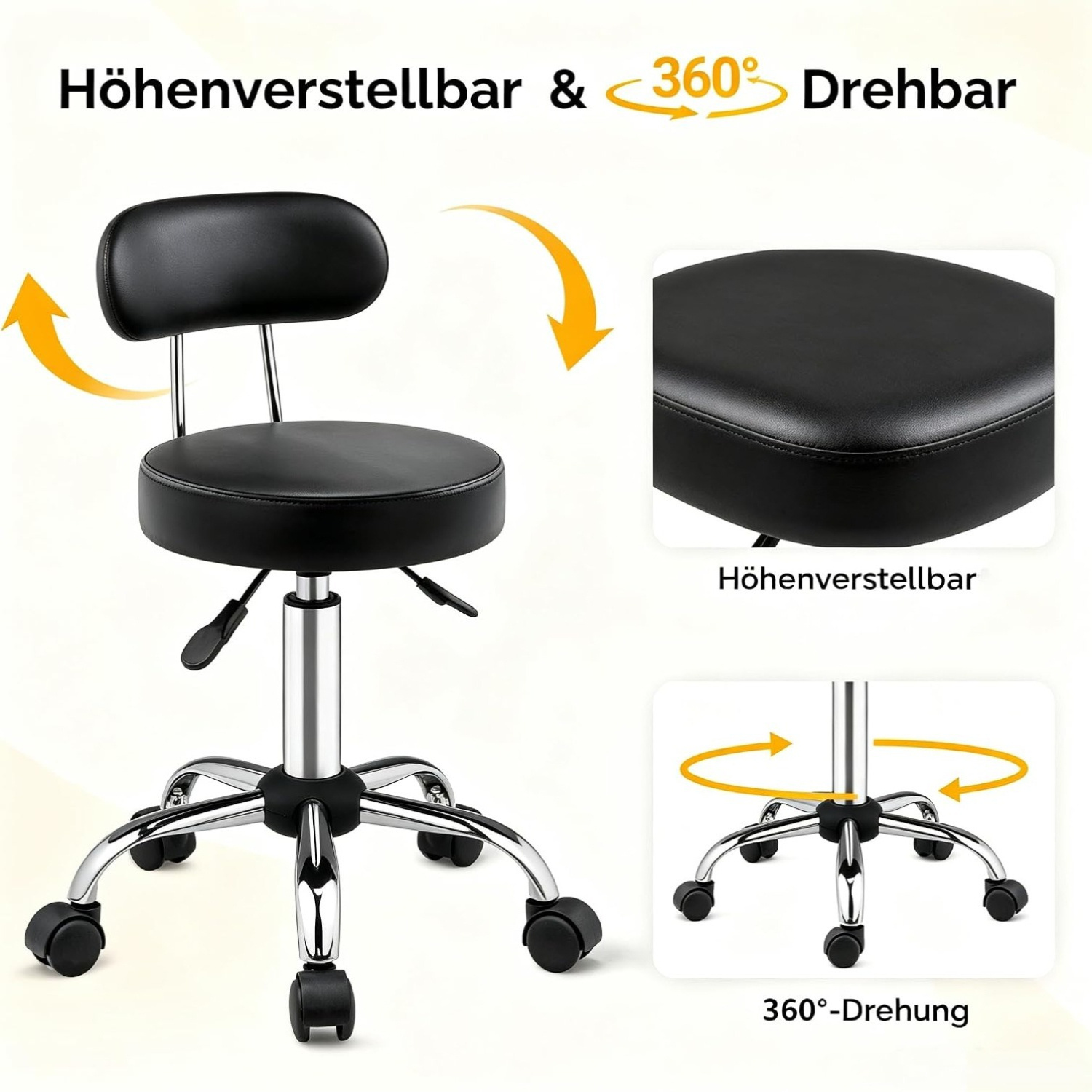 Height-adjustable Rolling Stool With Backrest, Work Stool, Spin Stool For Office, Salon, And Bar, Black