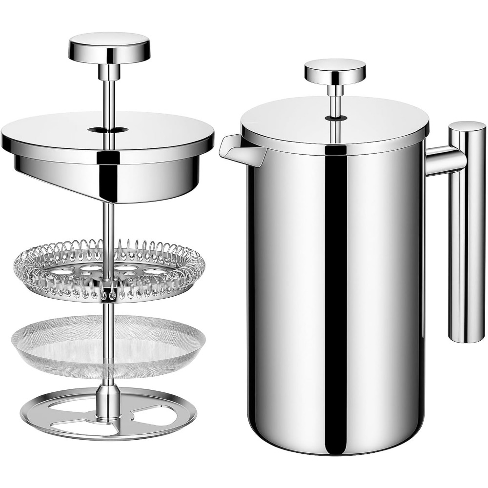 TEMU 650ml/4cup Stainless Steel French Press, Double Walled Insulated French Press With Silver Color, Stainless Steel Plunger Coffee Maker 3 Level