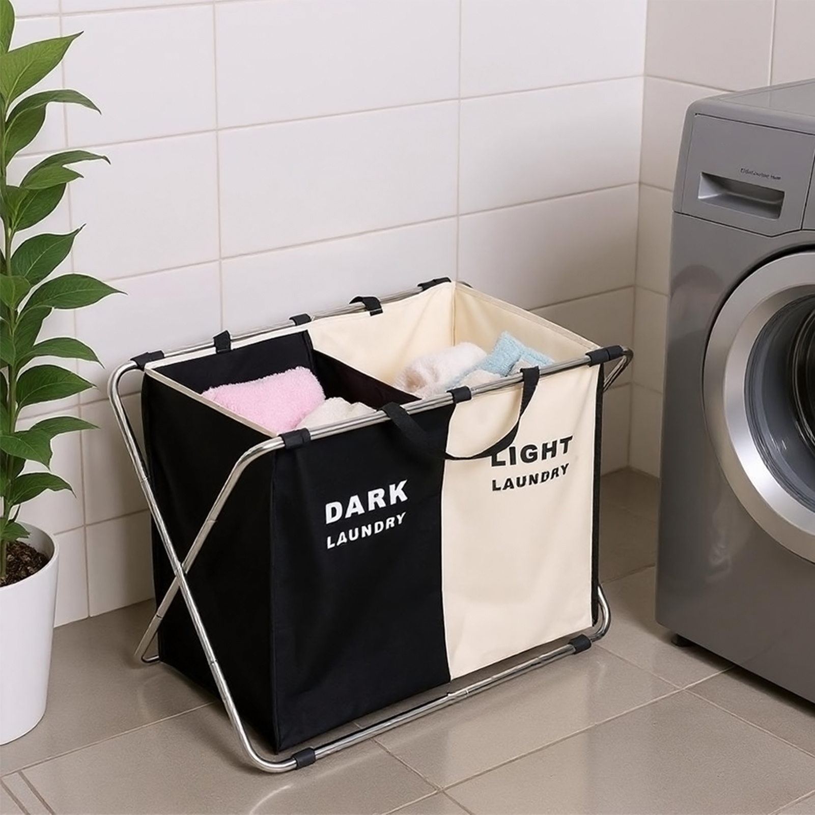 2 Compartments Laundry Basket, Foldable 2-Section Sorter