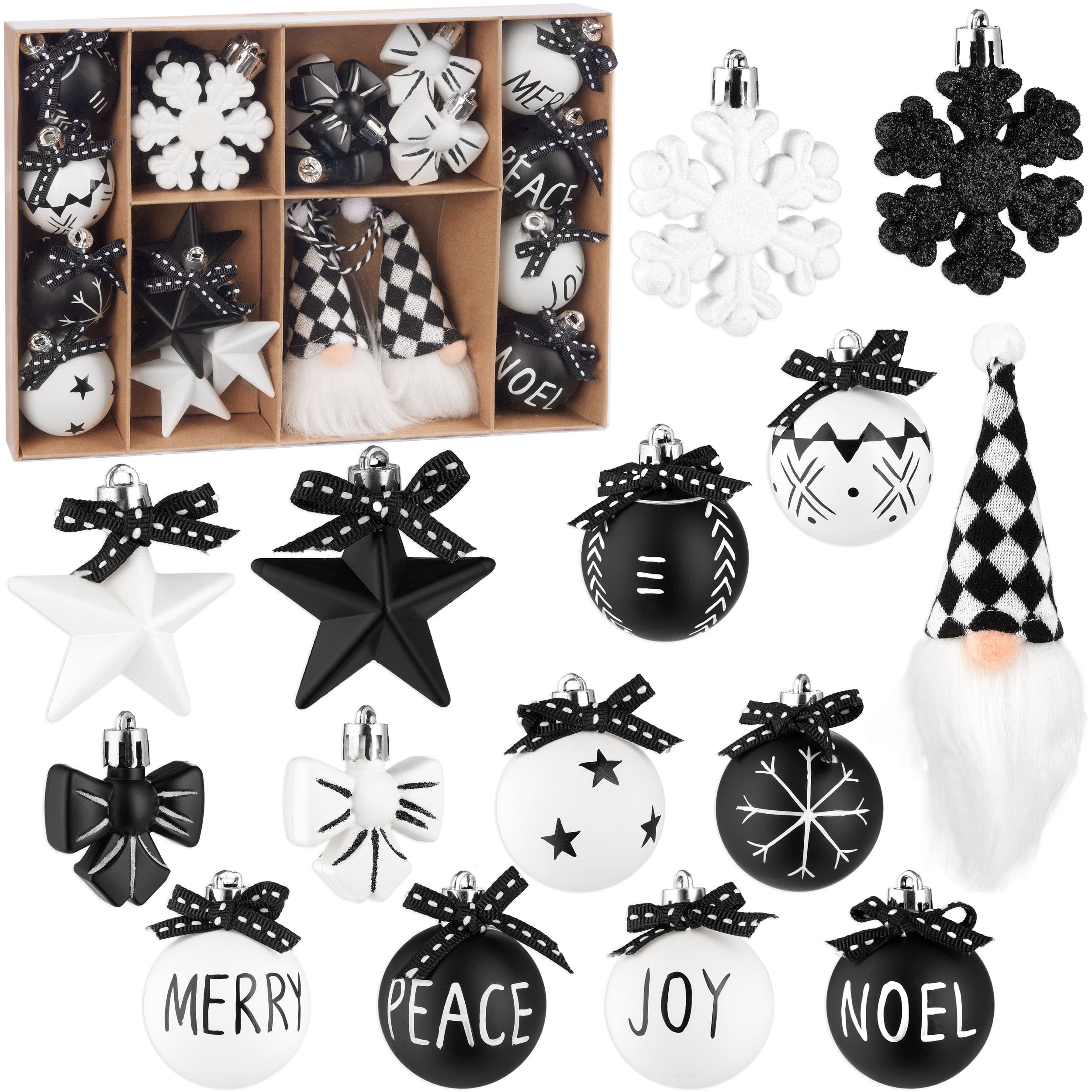 Image of Brubaker 24pcs Christmas Tree Decoration Set Black And White - Christmas Ball Set With Gnomes, Snowflakes, Merry, Peace, Joy, And Noel Tree Balls With Black Ribbons - White And Black