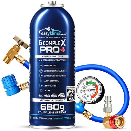 easyklima 6complex r134a 6 in 1 kit hose lp adapter automotive air conditioning preparation ac system charging gas rubber and metal compressor drier uv dye for leak detection quick application without tools diy car air conditioning service high quality