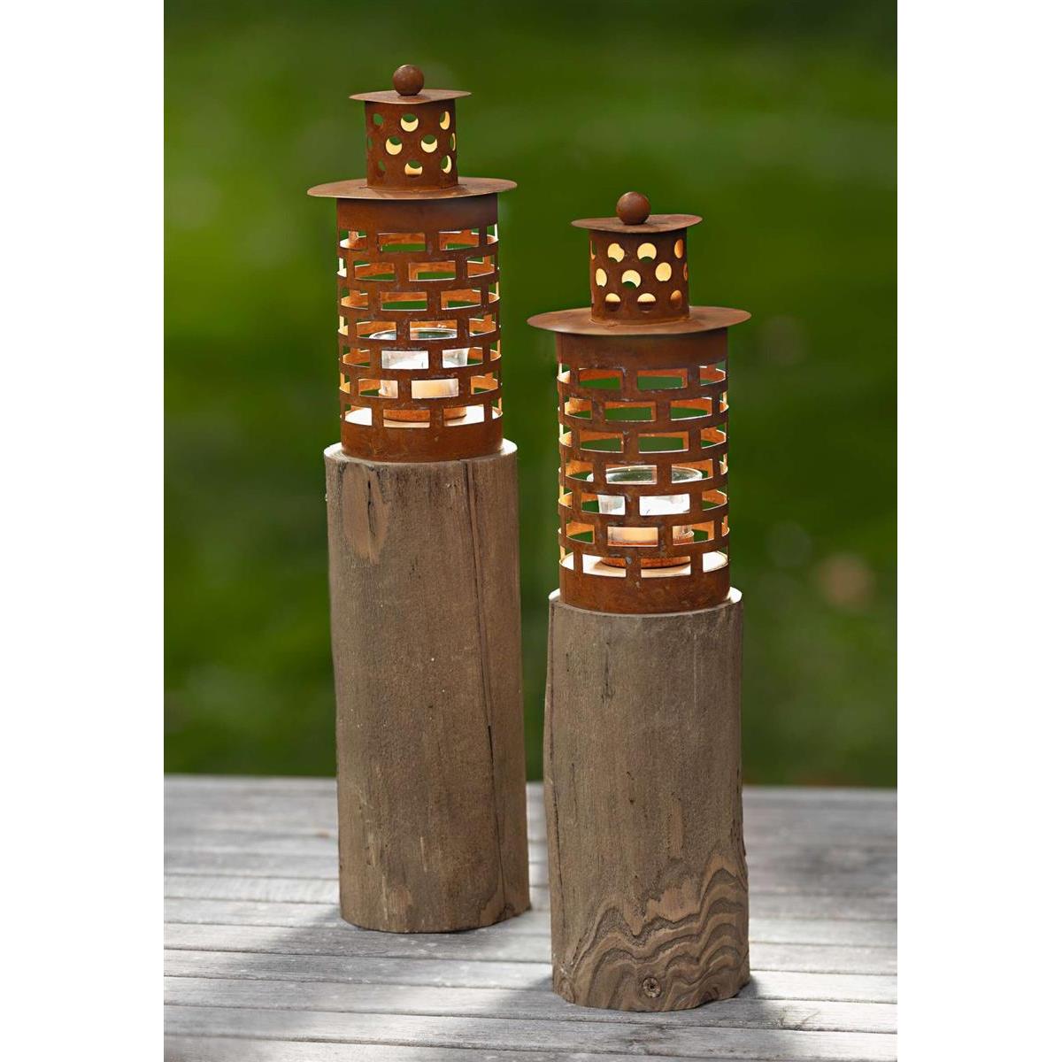 Image of 2x Wooden Lantern Column "tower" Made Of Wood & Metal In A Rust Look, 43 + 50 Cm High, Wooden Column, Candle Holder