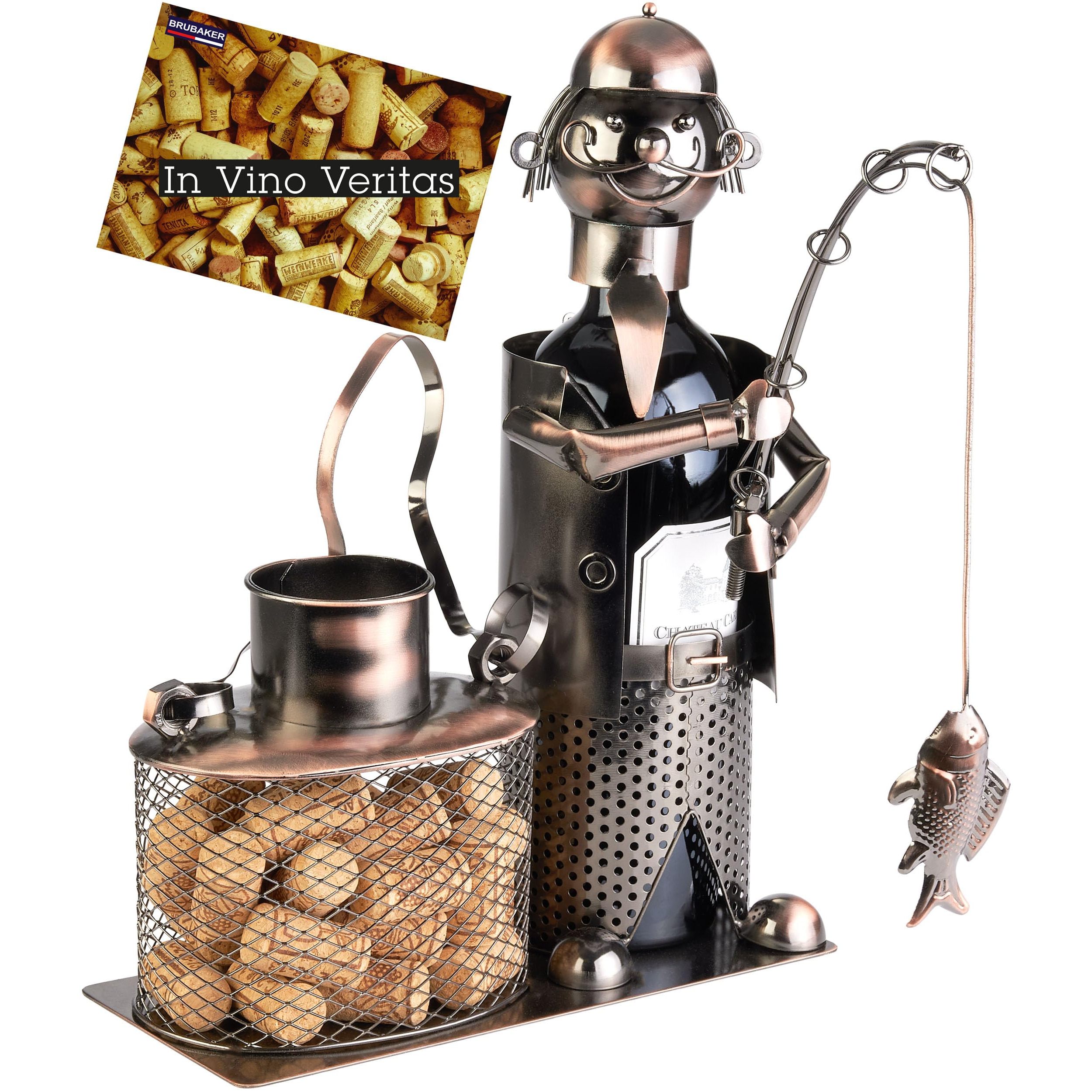 Image of Brubaker Wine Bottle Holder Angler With Fish And Bucket For Cork Storage - Metal Bottle Holder - Metal Figurine Gift - Wine Gift Bottle Stand With Gift Card - Color: Copper