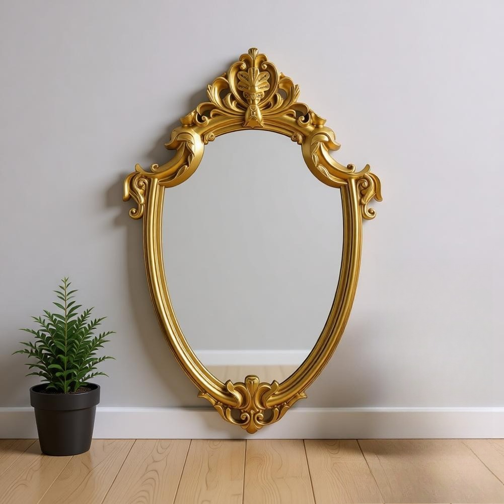 TEMU 1pcs Vintage Mirror Decorative Wall Mirror, European Retro Style Shield Shape Gold Frame, Home Decor Wall Hanging Mirror For Living Room Bedroom