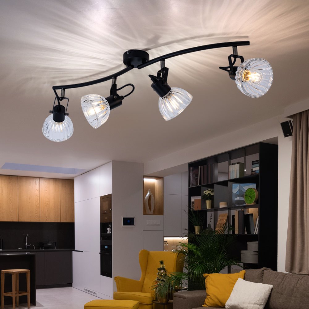 Ceiling Spotlight Strip Black Ceiling Light 4-flame Ceiling Lamp Living Room, Spots Adjustable, Metal Glass, 4x E14, Lxh 70 X 18 Cm
