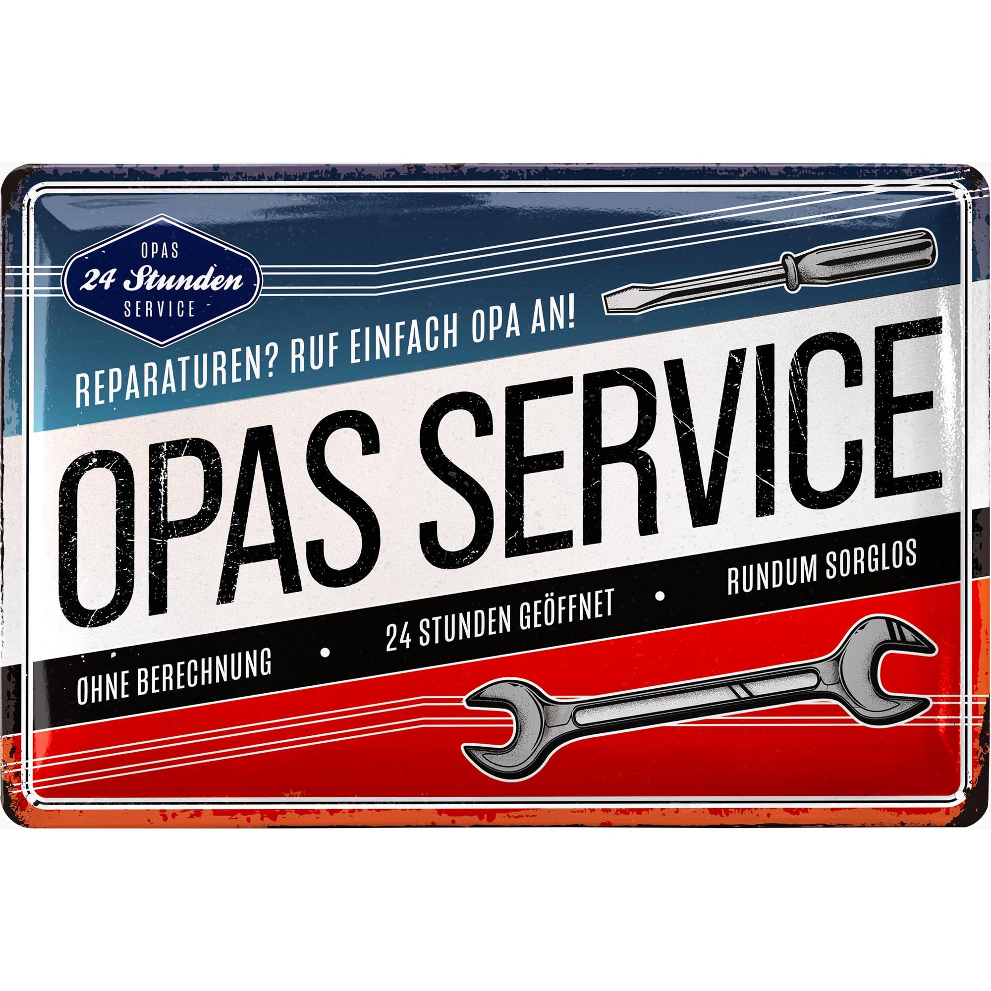 E-shop Retro Blechschild OPAS SERVICE - Schild Werkstatt OPA - Geburtstagsgeschenk oder Vatertagsgeschenk Schild für Opas - lustige retro Deko mit