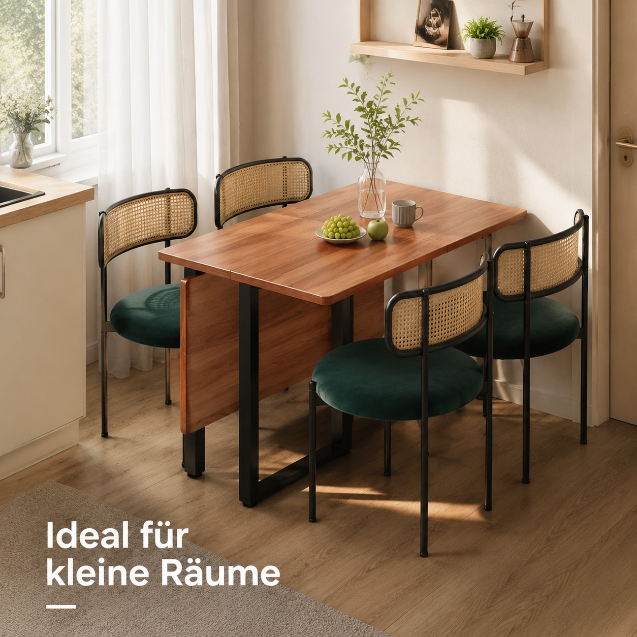 4pcs Set Of Mid-century Dining Chairs In Nordic Style, Natural Rattan Backrest, Soft Velvet Seat Cushion, Stable Metal Frame For Dining Room Café Studio