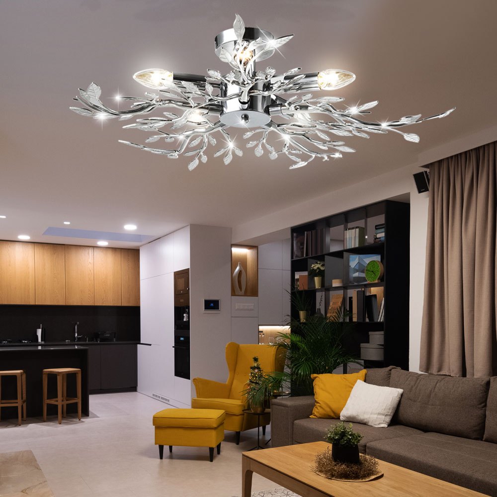 Ceiling Lamp Leaf Lamp Ceiling Light Round Living Room Chrome Ceiling Lamp, Metal Acrylic Leaves, 5x E14 Socket, Dxh 71x16 Cm