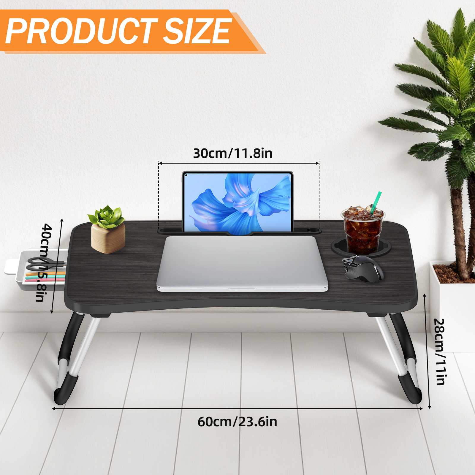 Image of Laptop Desk, Bed Tray, Laptop Bed Desk Foldable Portable, Reading Table, Breakfast Tray, Notebook Table, Drink Holder, Book Tray, For Living Room Office And Sofa Floor|60 X 40 Cm, Black