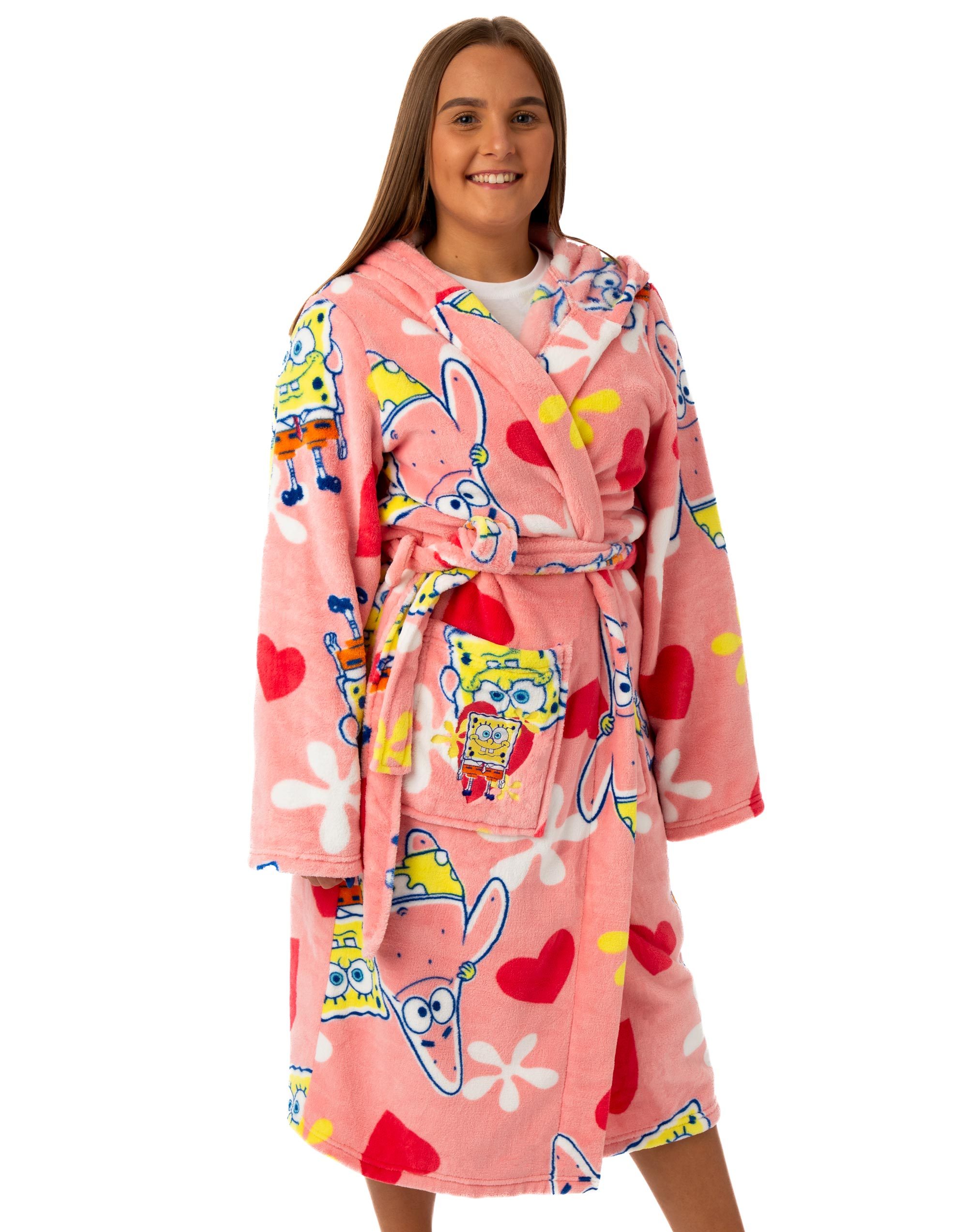 SpongeBob SquarePants Womens Bathrobe | Ladies Pink Dressing Gown | All over Print Sponge Bob & Patrick Loungewear | Cartoon Hooded Toweling Lounge Robe Merchandise Gift for Her