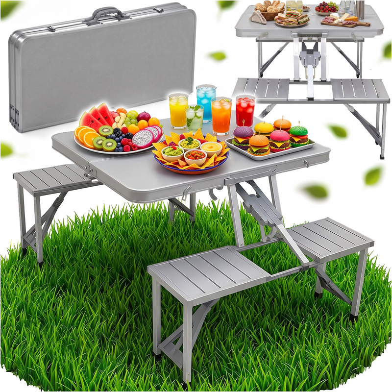 Foldable Table With 4 Benches, Camping Set Table With Stools For Garden Camping Picnic And Vacation Trips, Foldable Construction Convertible Into A Suitcase With A Handle