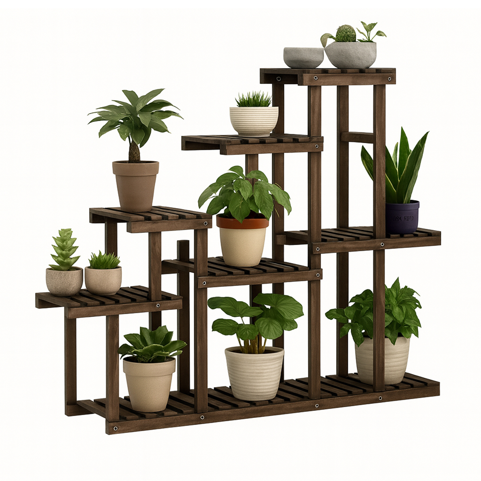 Image of Takumi - Plant Shelf Flower Stand 113x97x25 Cm Indoor Vase Holder 9 Wooden Shelves In Fir Wood