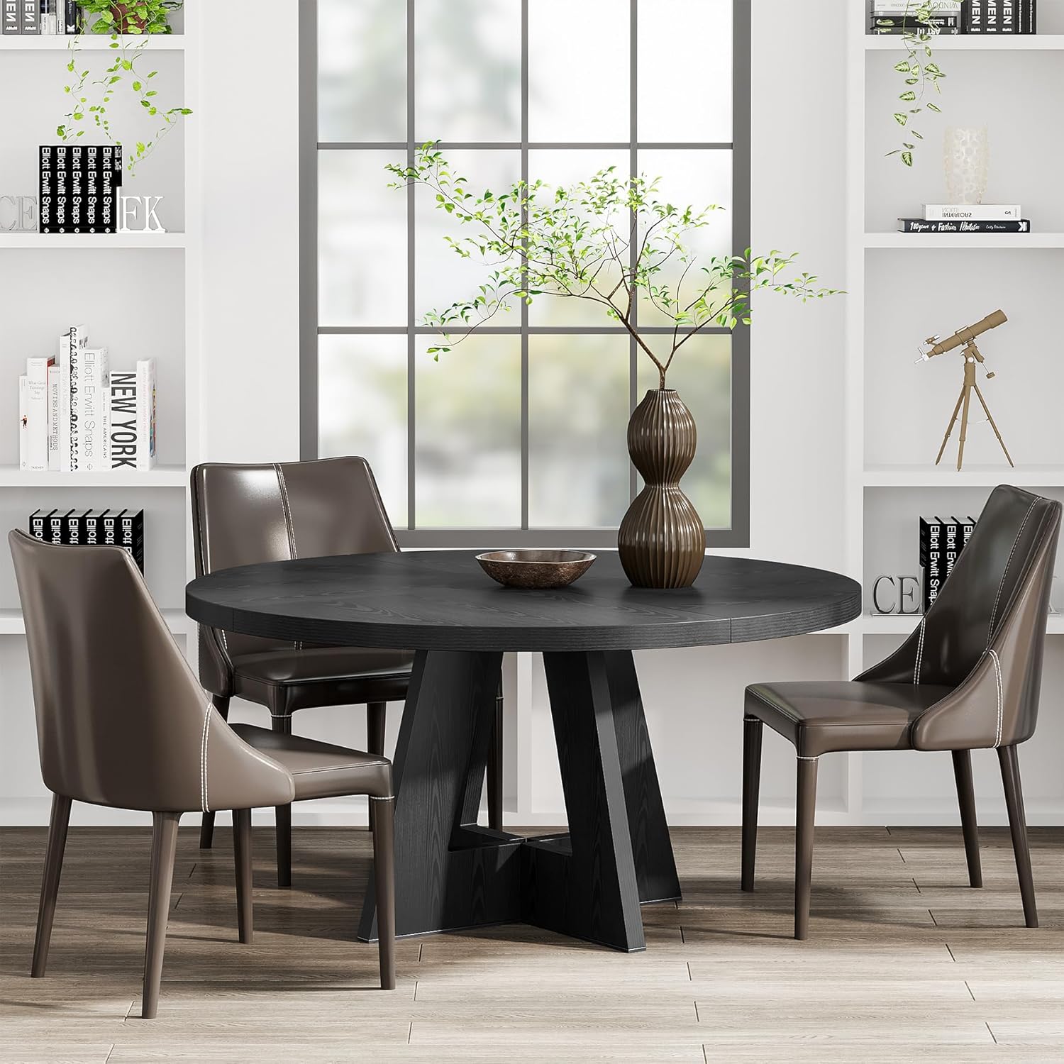 Image of Round Wooden Dining Table, Modern Kitchen Table For Dining Room, Living Room, 47 Inch Dining Tables For , Farmhouse Dining Table With Wooden Table Top And Cross Base, Black (table Only)