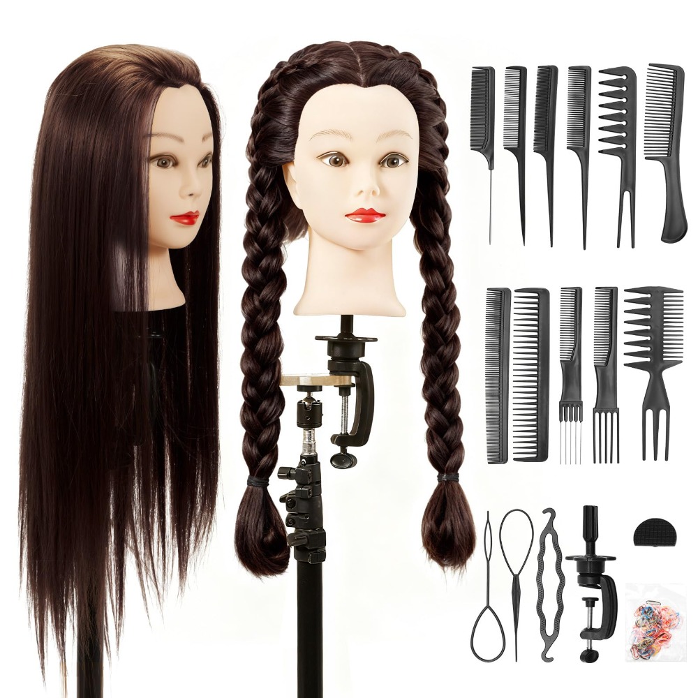 Image of 28-inch Hairdressing Training Head , Dark Brown/brown, With Stand And Complete Set Of Styling Tools For Beginners And Professional Hairdressers