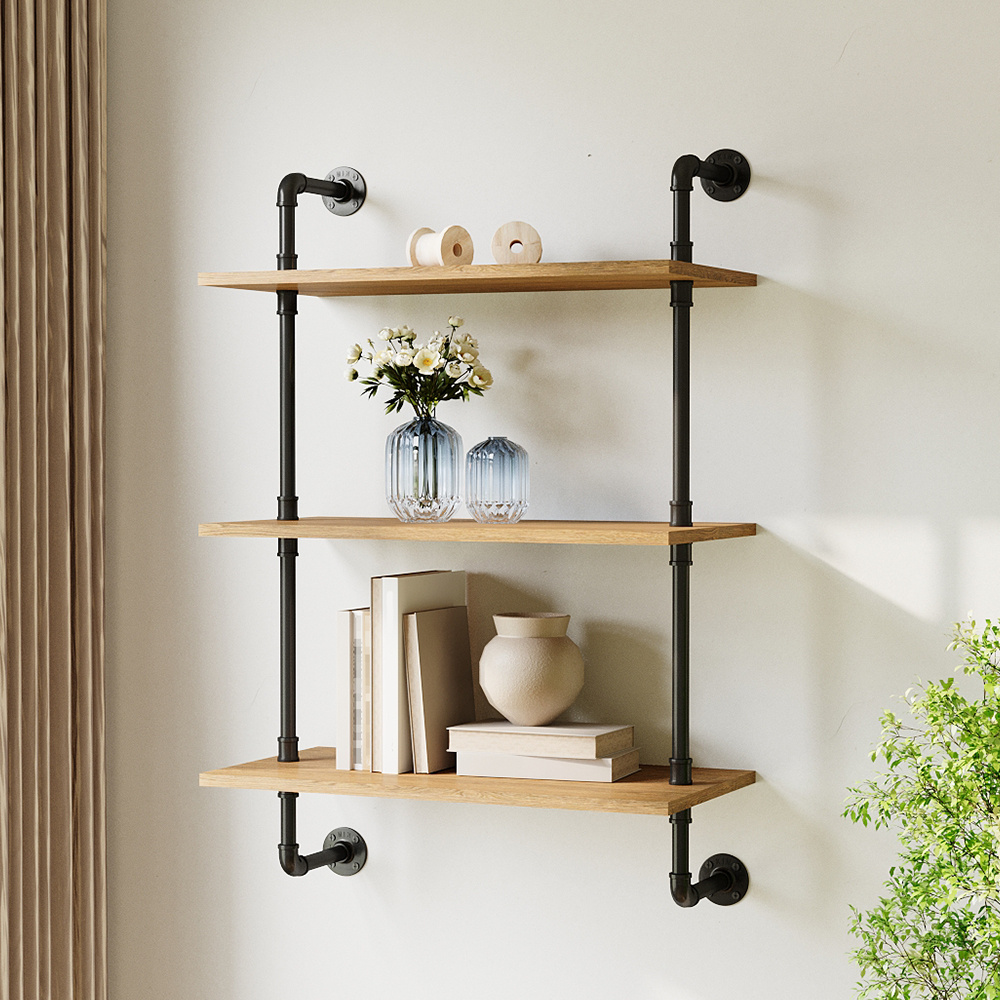3 Tier Industrial Pipe Floating Shelf with Solid Wood Board, Open Vertical Shelf Rustic Wall Mounted BookShelf Space-saving Storage Rack, Easy Assembly, Kitchen Spice Rack, Bathroom Shelf, Storage Organizer for Books, Pictures, Plants, Sundries in Living Room, Bedroom, Hallway, Entryway, 60x30x89.7cm