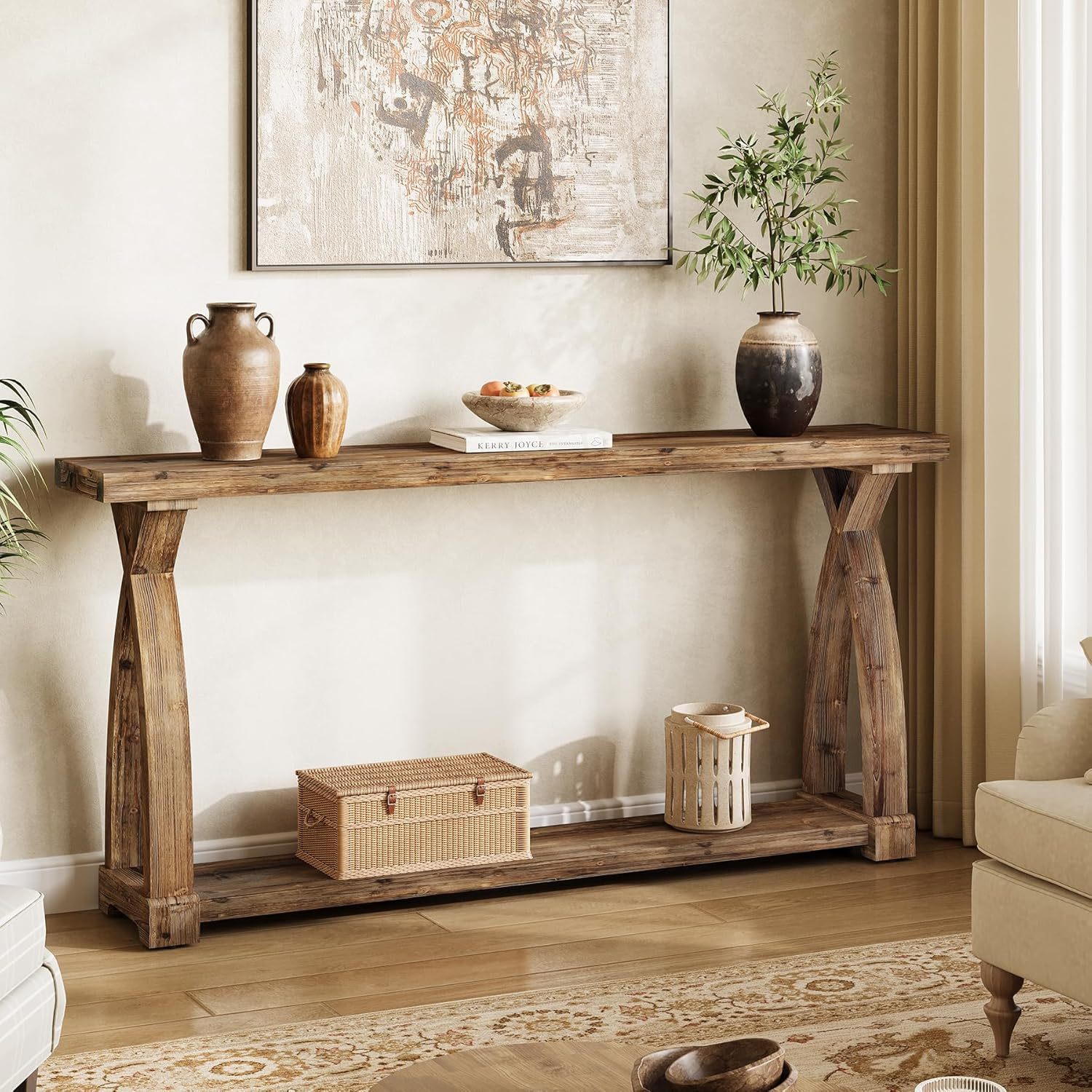 Image of Narrow Entrance Table Made Of Solid Wood, 160 Cm, With 2 Levels And Storage Space, In Farmhouse Style, As A Sofa Table And Hallway Table For Entrance, Hallway, And Living Room, Brown.