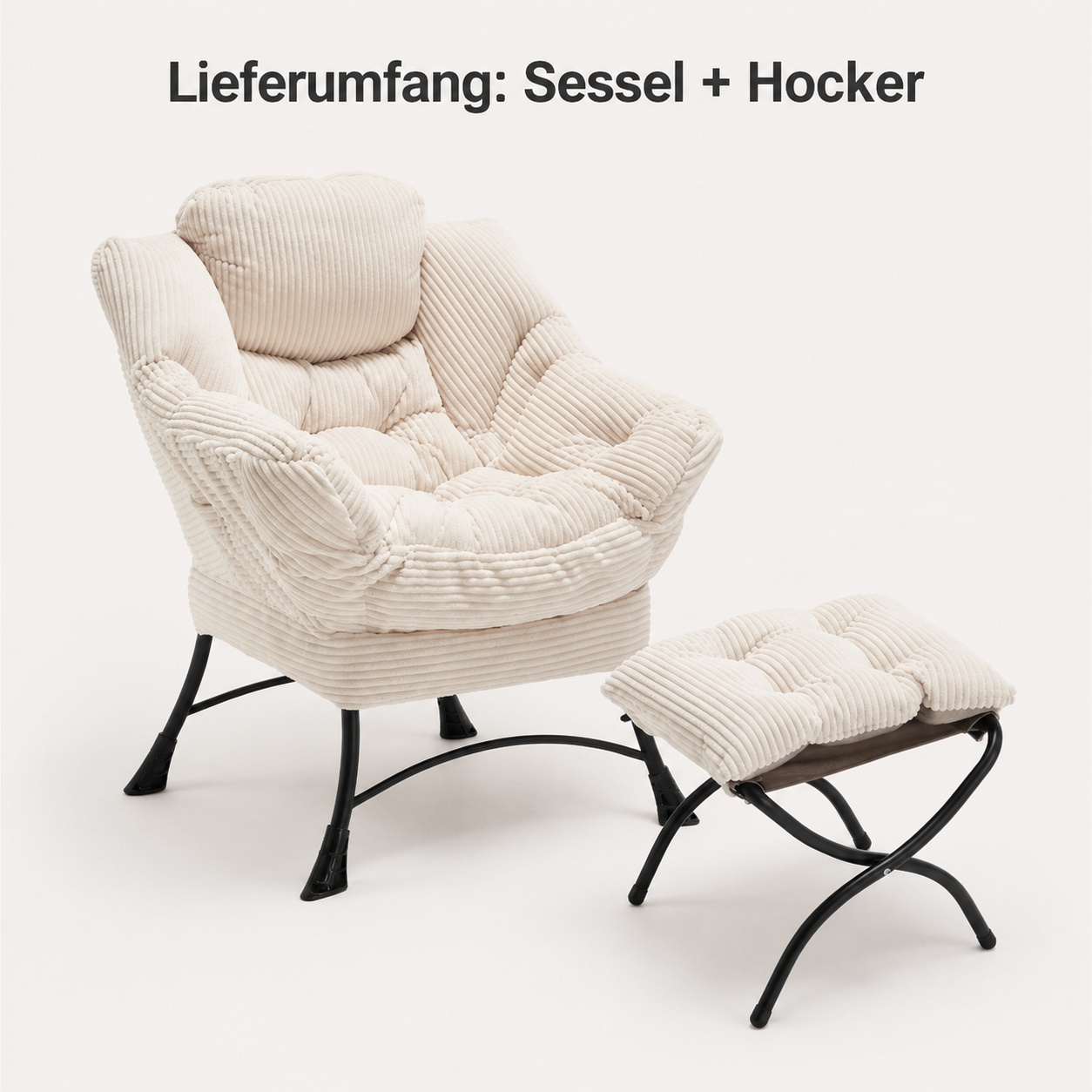 Image of Product Dimensions Chair: 27.52" W X 25.20" D X 37.40" H Ottoman: 19.69" W X 17.72" D X 18.11" H White Corduroy Armchair With Ottoman Set | Ergonomic Recliner With Stable Metal Frame