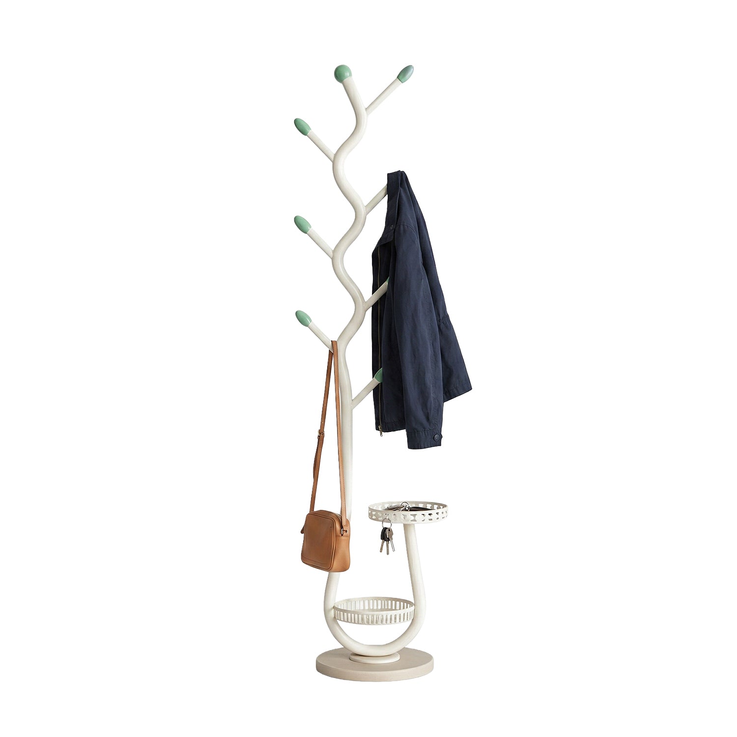 TEMU Appendiabiti Moderno in Metallo Bianco con 2 Vassoi Circolari �24 cm �� Struttura e Salvaspazio - H 166,5 cm