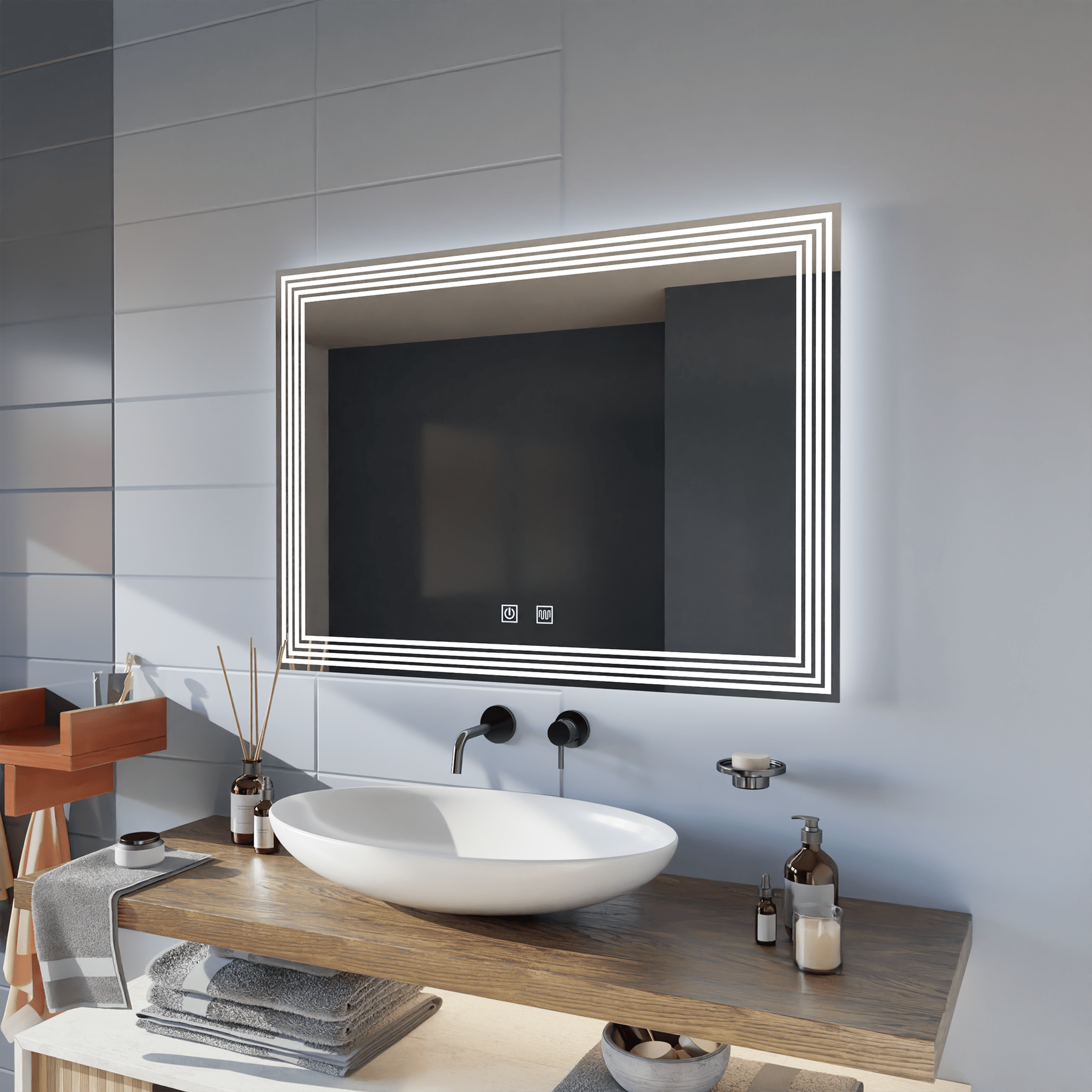 TEMU Specchio LED rettangolare con garanzia anni, antiappannamento, 80x60cm, ADIS Basic Touch, 6500k, materiale in vetro, a parete, luminosa , tipo