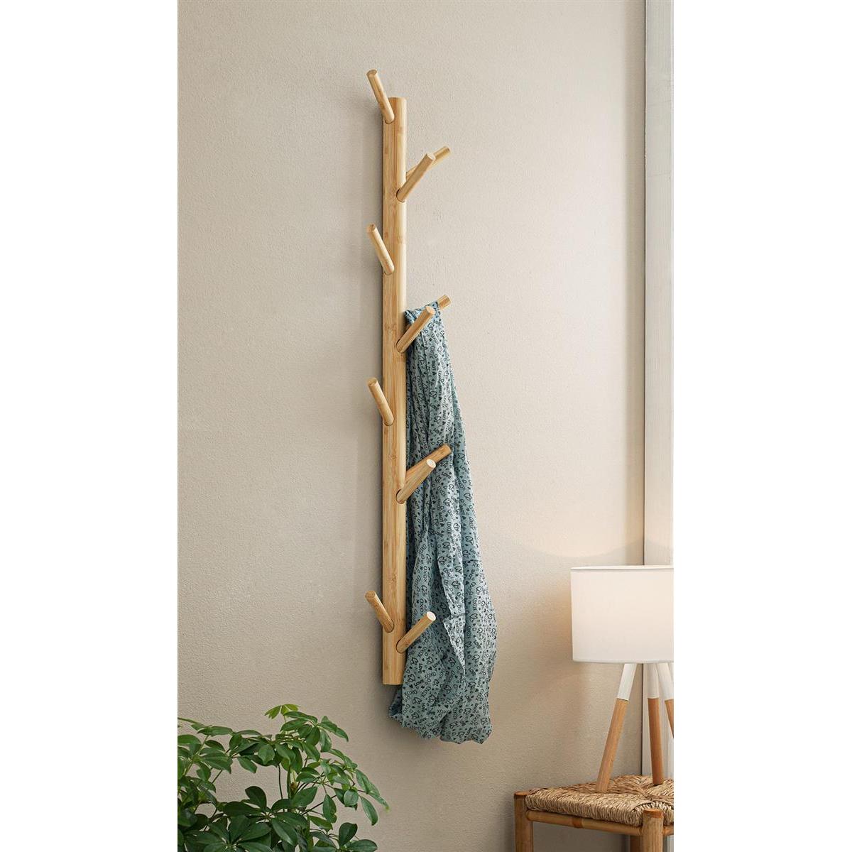Bamboo Coat Rack With 11 Hooks, Brown, 100 Cm High, In Scandi-style, Hallway Coat Rack, Hook Rail