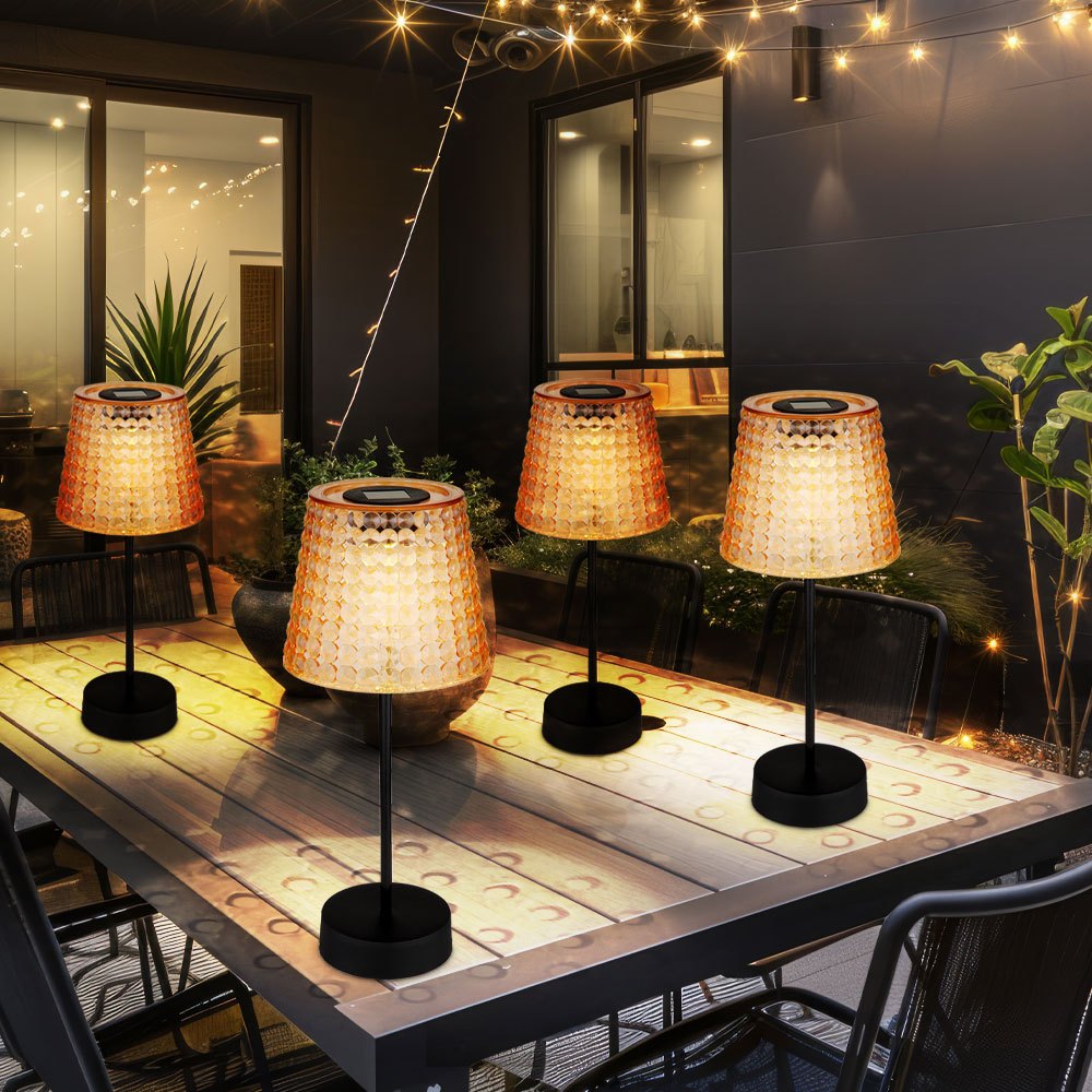 E-shop LED Außenlampe Solarlampe Tischleuchte Gartendeko Kristallleuchte, amber schwarz Kunststoff, Akku IP44, 3000K warmweiß, 4er Set, H 29 cm