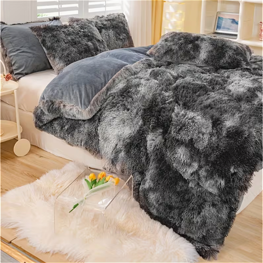 TEMU Grey Mink Fleece Tie-dye Fluffy Soft Three-piece Bedding Set With Duvet Cover And Pillowcases, Warm And Comfortable Bedding Set, Zipper Closure