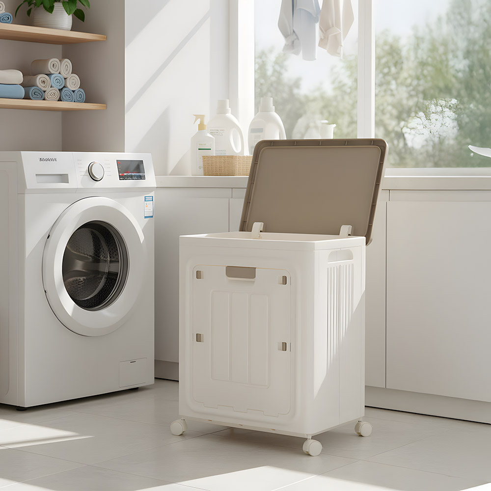 Collapsible Plastic Storage Bin with Dual Access Doors and Wheels