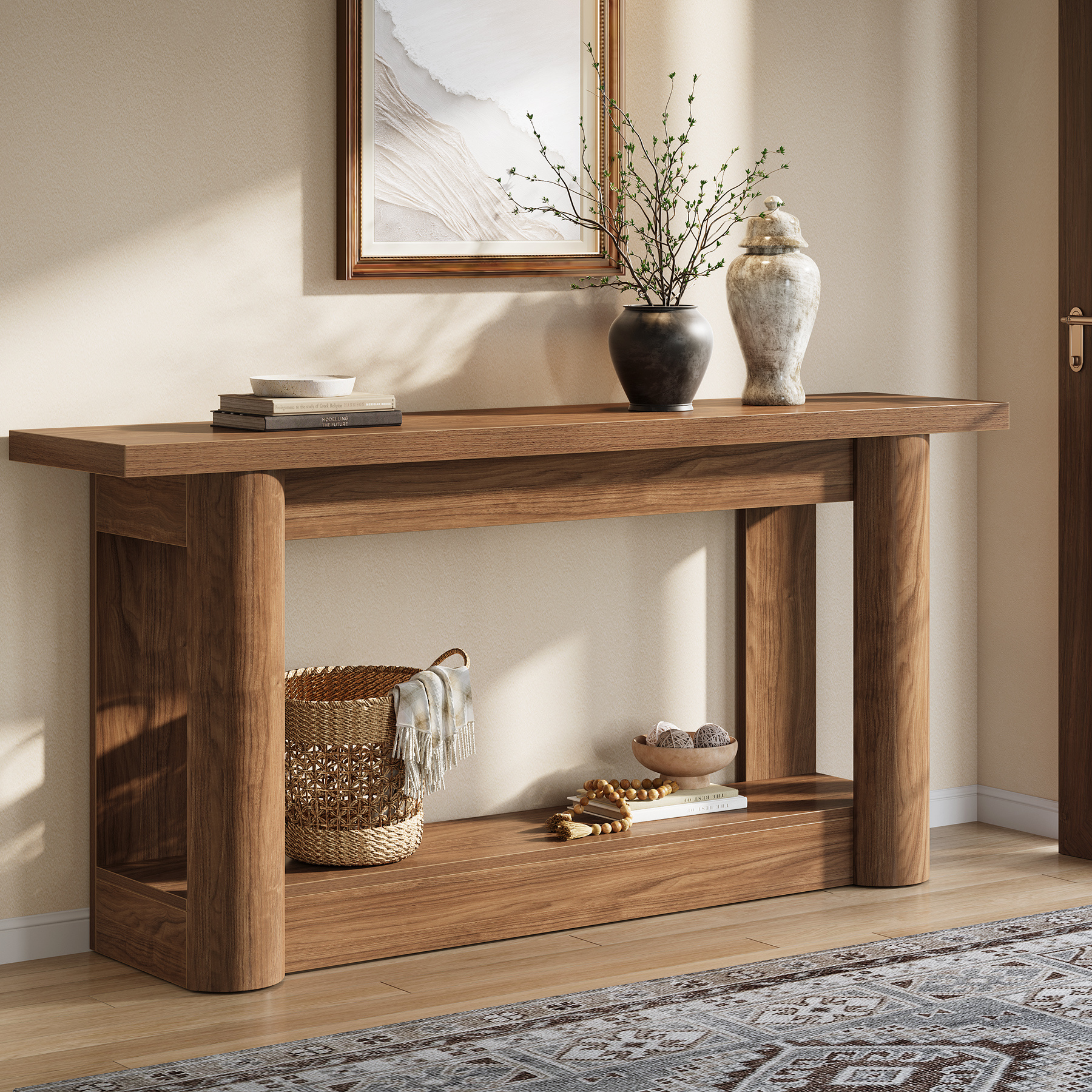 160cm Console Table, Narrow Hallway Sofa Table With Storage Shelf For Entryway Bedroom Living Room In Rustic Brown.