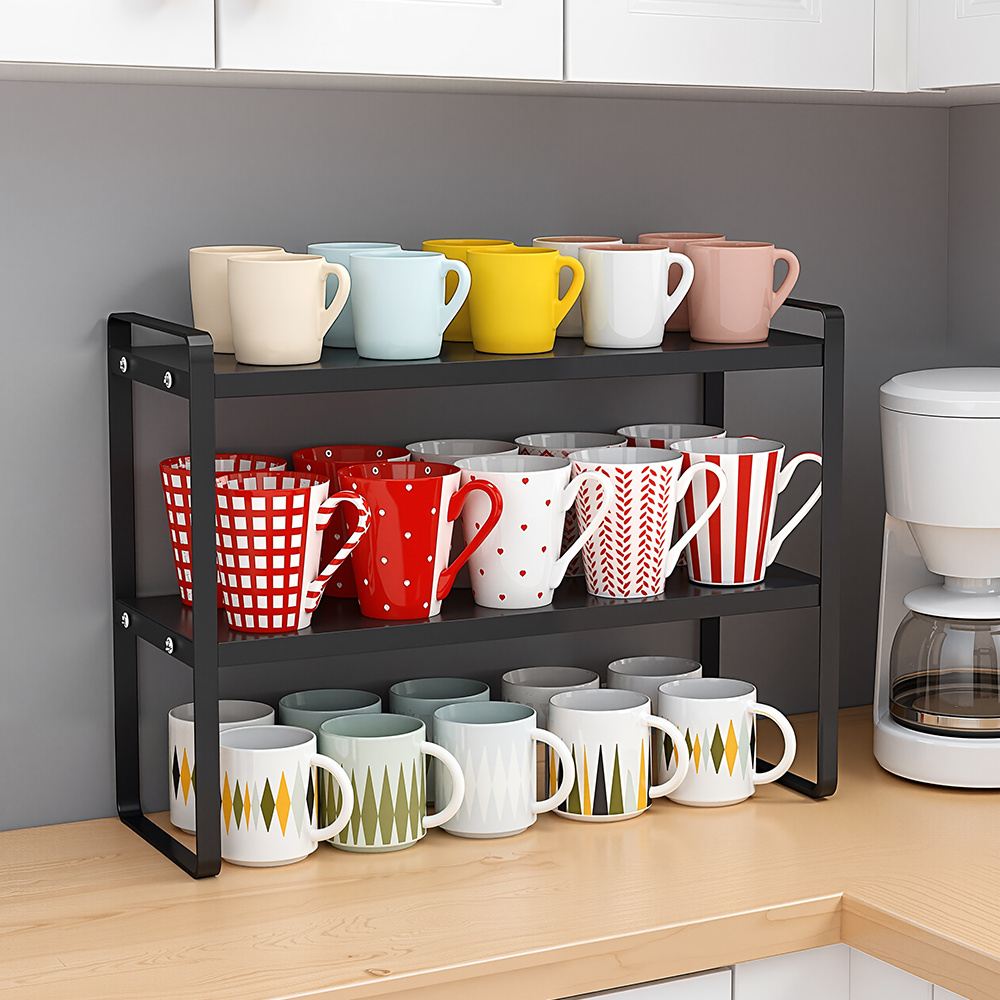 TEMU 1 Piece, Black Double-layer Cup Organizer, Can Store Coffee Cups/tea Cups/water Cups, Bedroom Bedside Table Storage Rack, Kitchen Countertop