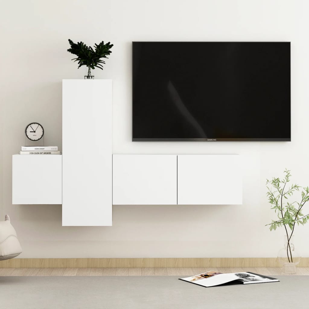 Image of Vidaxl 3-piece Tv Cabinet Set: Wall-mounted Cabinet, Sideboard, And Hanging Cabinet, Lowboard Tv Furniture, Hifi Cabinet, White Wood Material