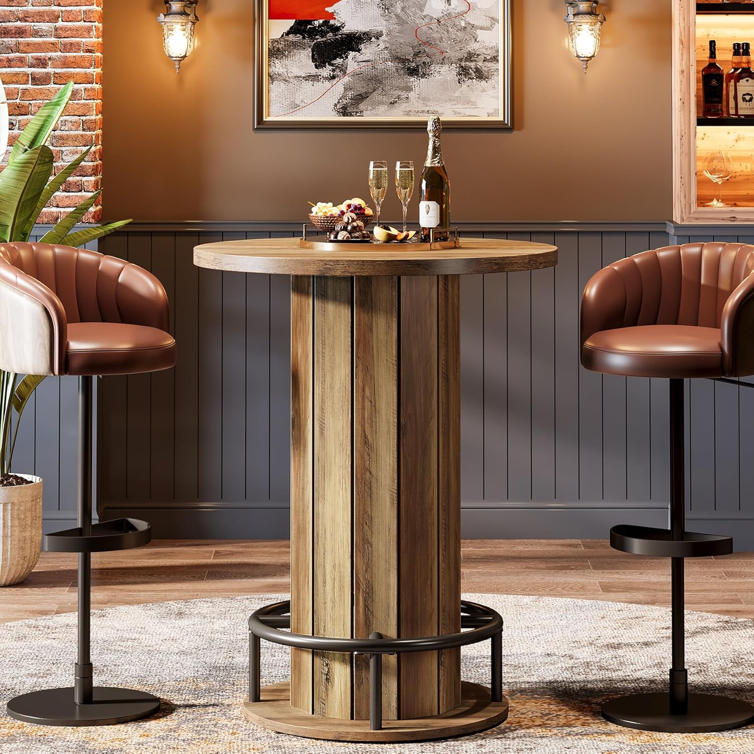 Image of Vintage Round Bar Table, 100cm Bistro Pub Table With Footrest For Dining, Coffee, Cocktail, Living Room, Small Space, Brown (only Table)