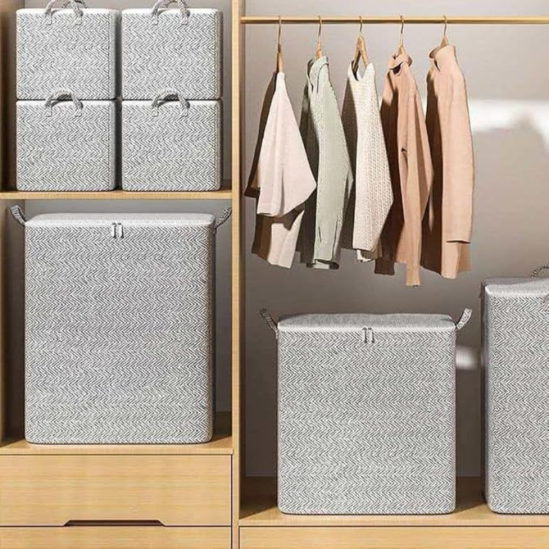 set of 3pcs   bins with lids handles large capacity 110 140 180l collapsible stackable organizers for closet bedroom bathroom office linen textured durable space saving store clothes towels toiletries details 2