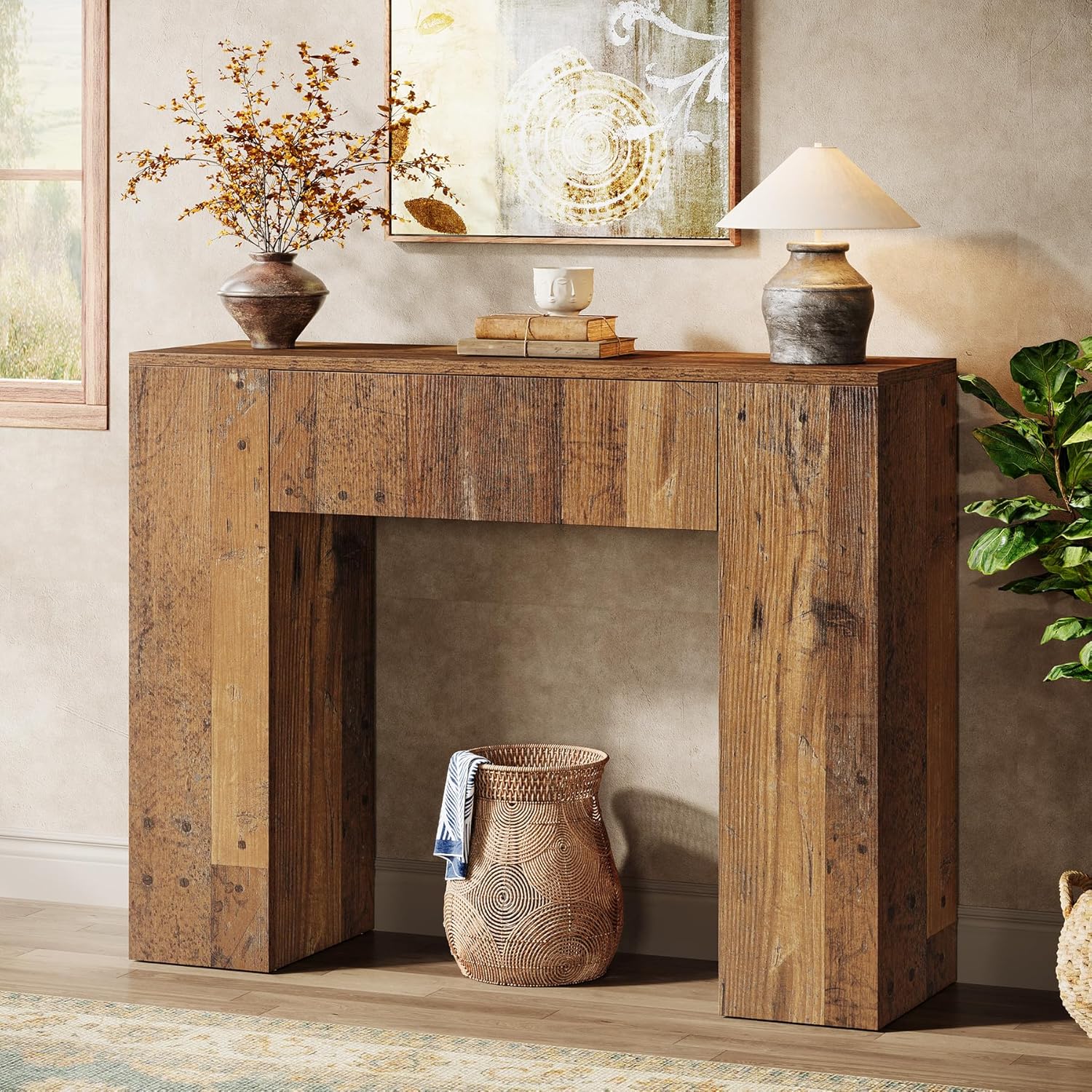 Farmhouse 100 Cm Console Table With Drawers, Narrow Side Table, Hallway Table For Small Space, Vintage Small Wooden Sofa Entryway Table For Entrance, Hallway, Foyer, Living Room, Dark Brown