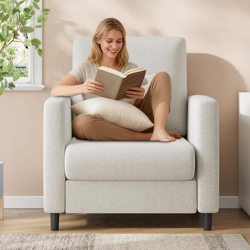 Mid-century Accent Chair With Upholstered, Modern Linen Fabric Armchair, Reading Accent Chairs With Thick Cushion, Single Sofa Chair With Wood Legs For Living Room, Bedroom, Apartment, Office, Beige