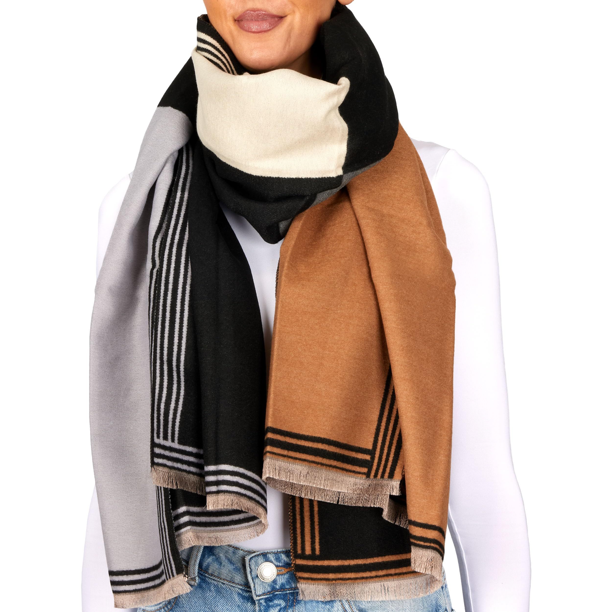 Image of Brubaker Women's Scarf With Square Pattern - 70 X 200 Cm - - Women's Scarf For Autumn & Winter - Winter Scarf With Soft Cashmere Feel - Pink, Rose, And Grey