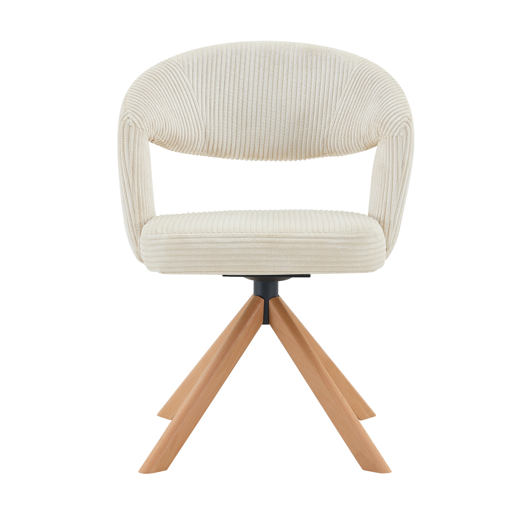 Image of 2pcs Set Of Cream-colored Corduroy Swivel Chairs, 360° Quiet Rotation, Thick Foam Cushioning, Ergonomic Curved Backrest - For Dining Room, Home Office, - Solid Wood Frame In