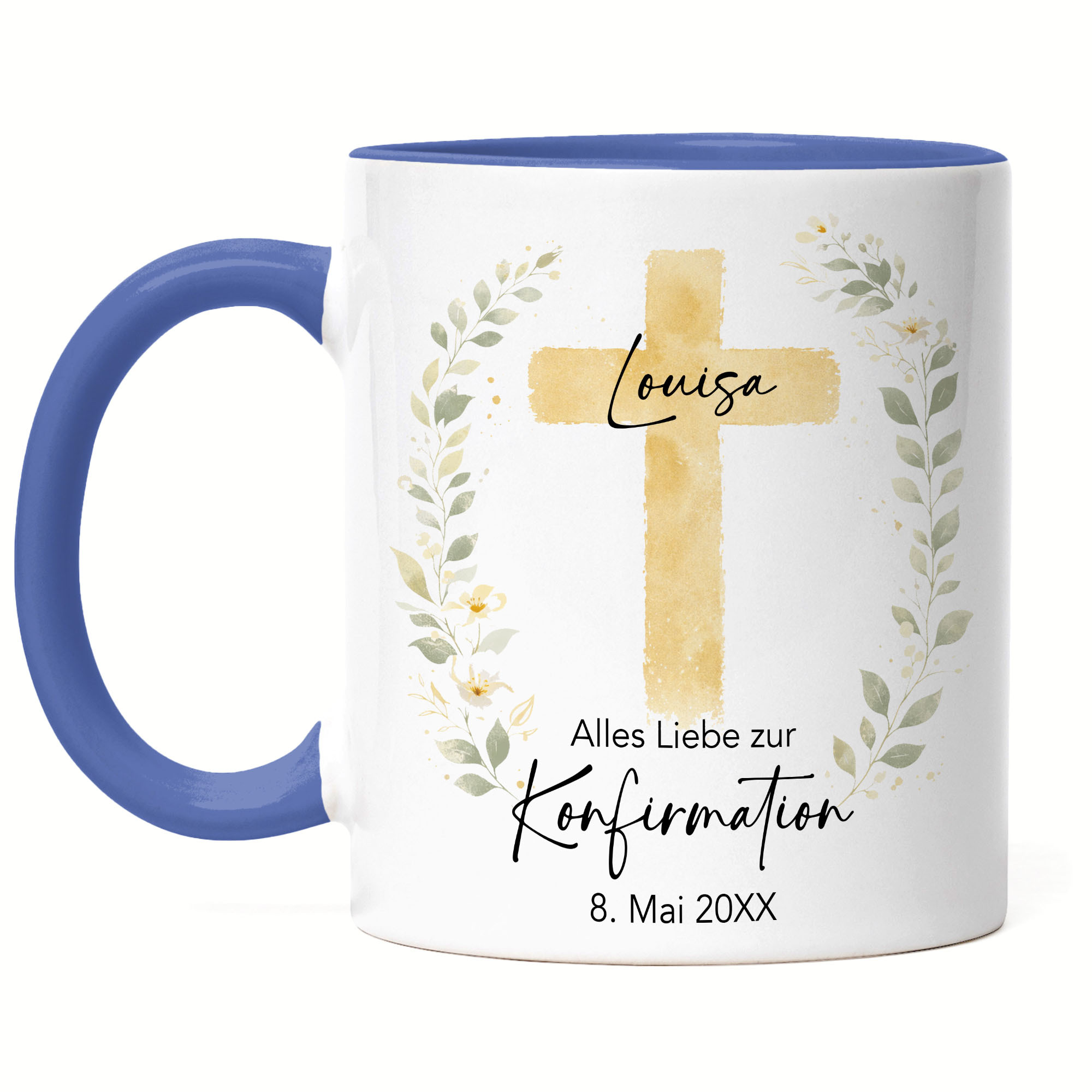 Personalized Confirmation Mug, Confirmation Gift For Girls Or Boys, Mug With Name And Date, Cross And Wreath, Mug, Ceramic Cup