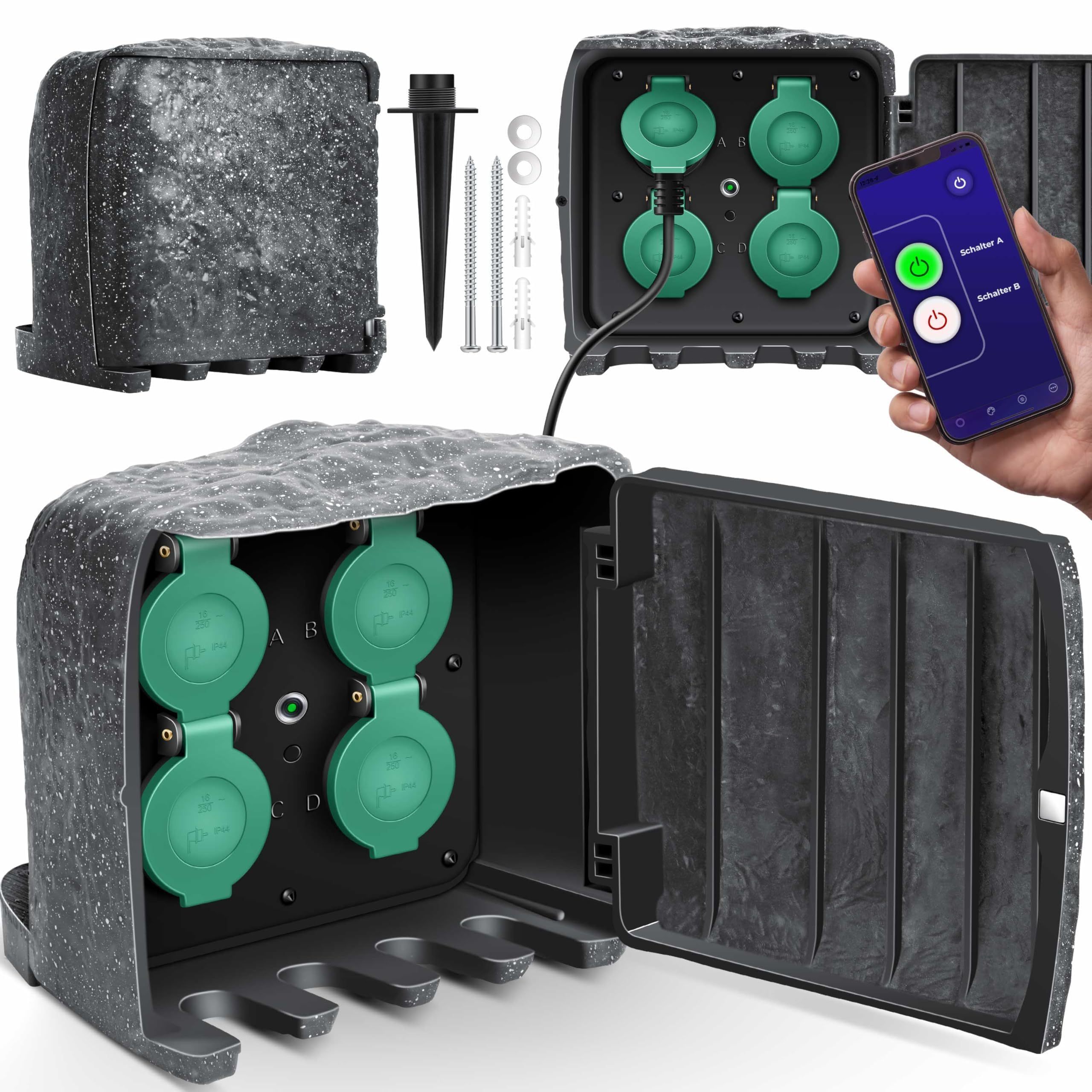 Image of Kesser Garden Socket Stone Optic Outdoor Socket With Dusk Sensor, Multi-socket Outdoor , Cable 3680w 16a . Earth Spike