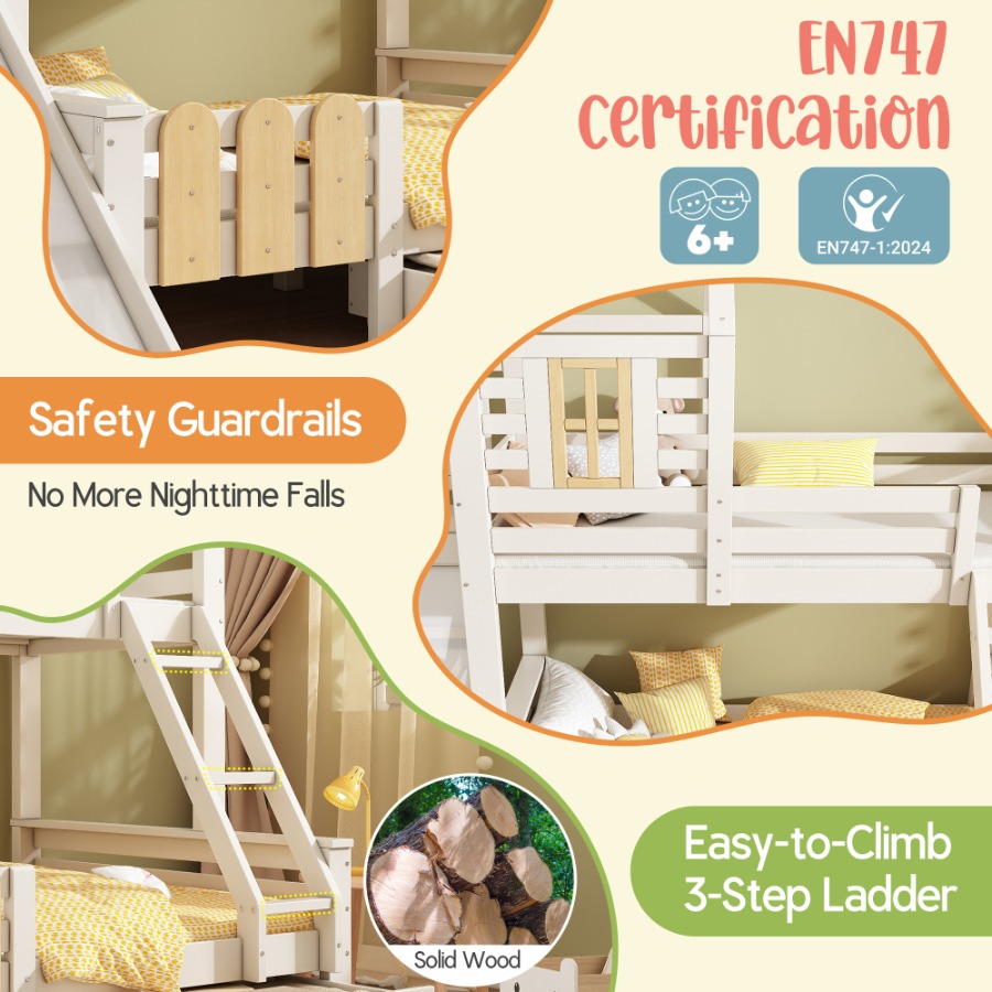 Bunk Beds for Kids, Wooden Cabin Bed with Ladder and Slide, Multi-functional Tree-house Bed, Children's House Bed, Twin Sleeper (90+135) x 190 cm, Solid Wood, White