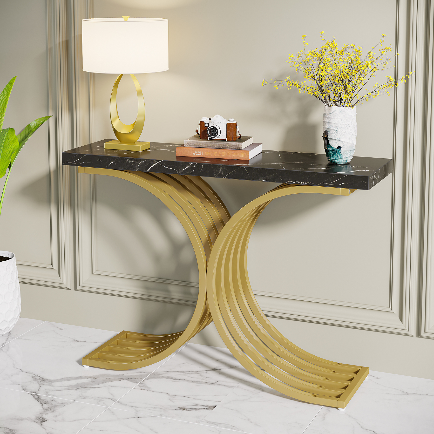 Image of Narrow Console Table, Side Table With Golden Metal Frame, 100 X 30 X 80 Cm Floor Table, Small Display Table, Coffee Table For Small Room, For Entrance, Living Room (black)