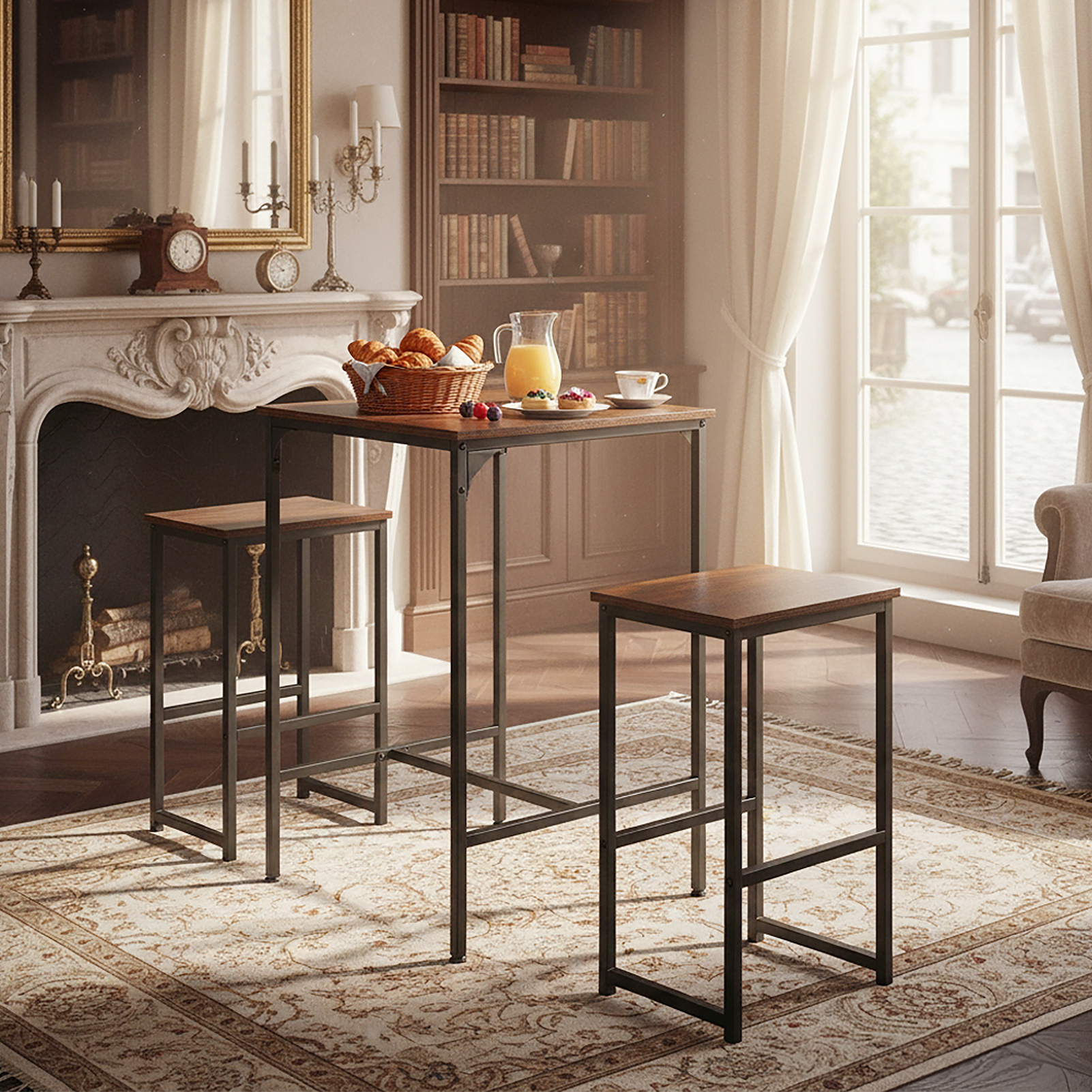 TEMU 3-piece Living Room Table And Bar Stool Set, Kitchen Breakfast Chair Furniture Set - 2 Stools, Metal Frame, Easy Assembly, Ideal For Home Dining