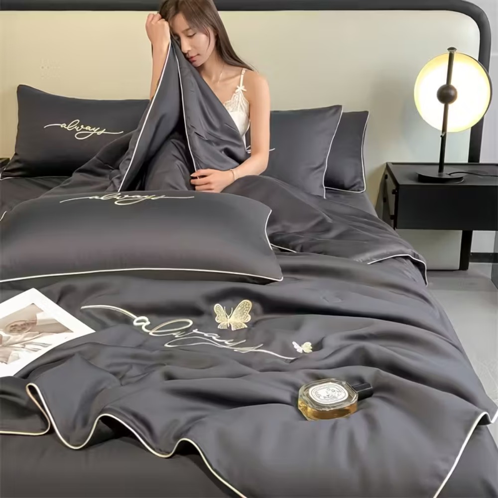 TEMU Luxury Embroidered Summer Cooling Quilt - Lightweight, Conditioner Blanket For Bedroom & Dorm, Machine Washable (pillowcase Not Included)