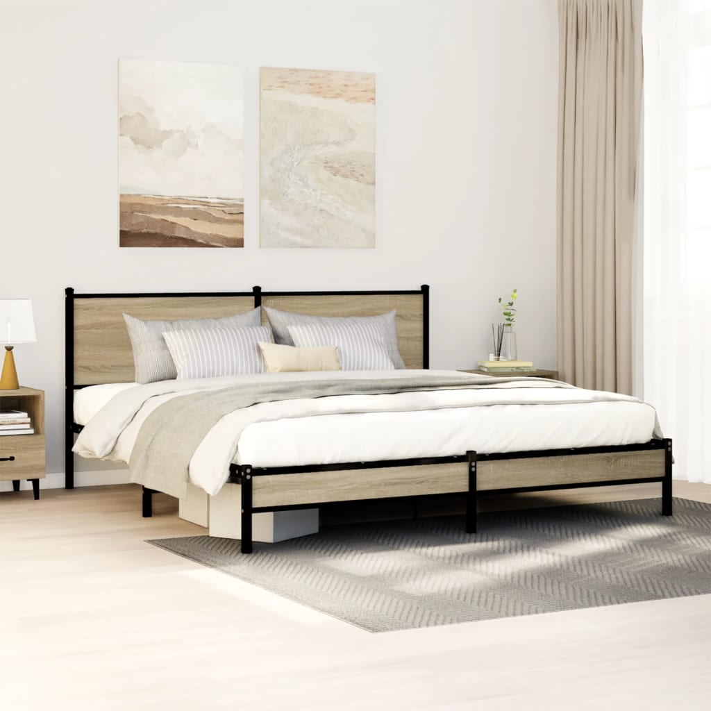 Image of Vidaxl Bed Frame, Metal Bed With Headboard, Bed Frame With Slats, Double Bed For Bedroom, Metal Oak 160x200cm