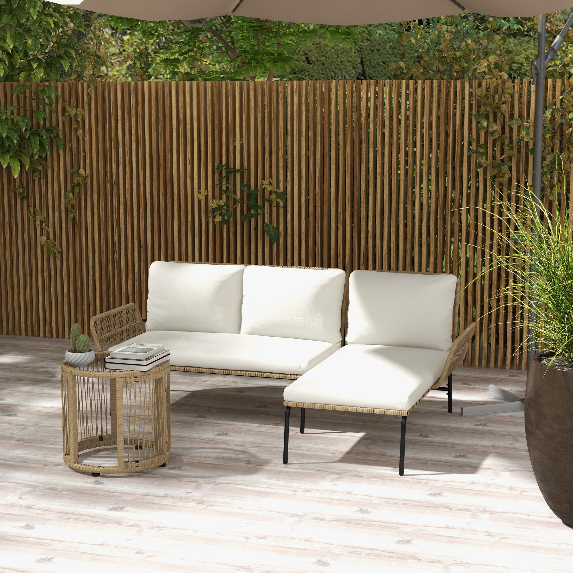 Image of 3pcs Furniture Set, Garden Furniture Set With Sun Lounger, Coffee Table, Two-seater, Garden Set With Seat Cushions, Balcony Furniture Set For Garden, Terrace, Cream